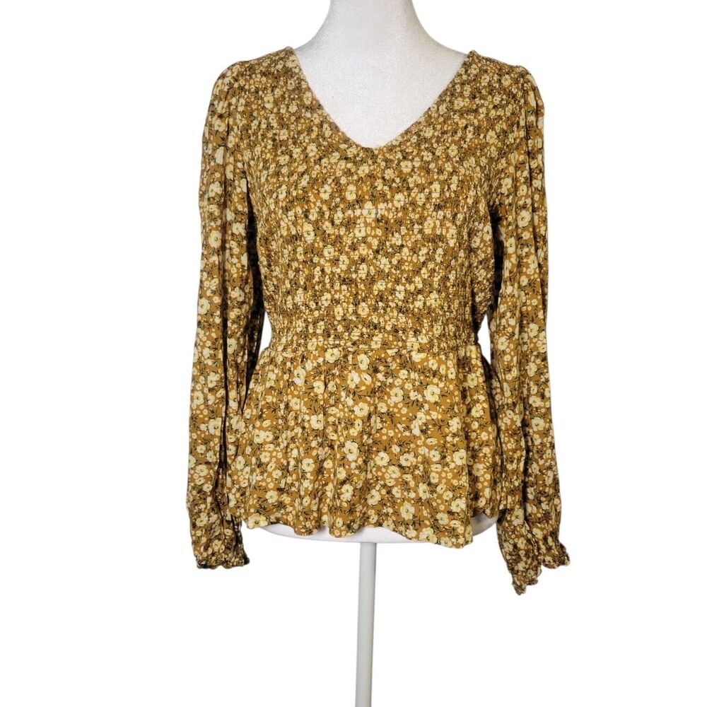 Old Navy Mustard Floral Smocked Peplum V-Neck Top M Cottagecore Fall Goblincore
